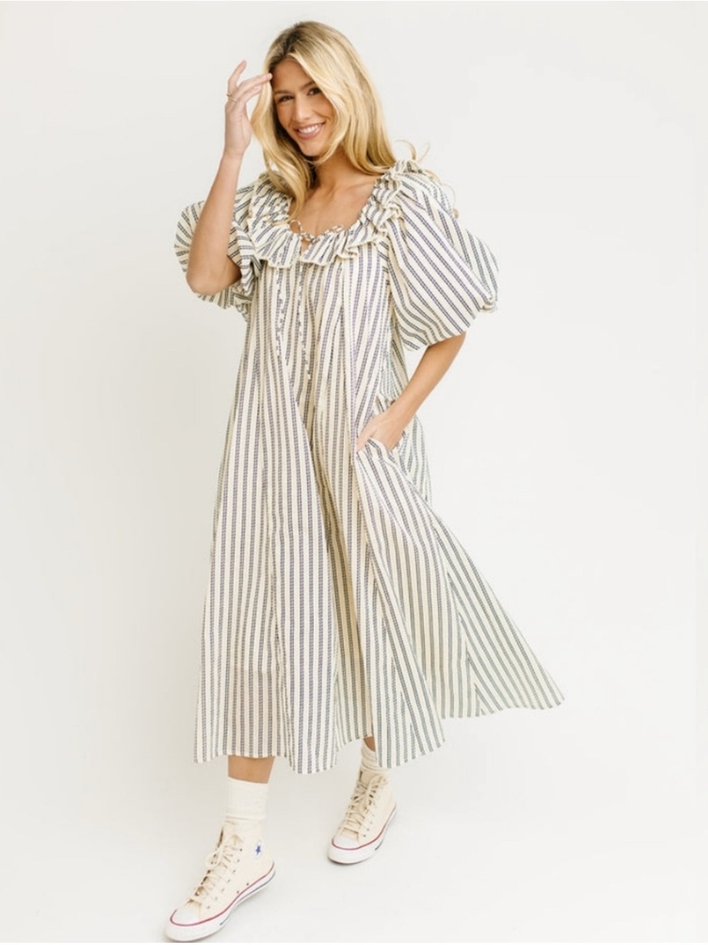 Striped Ruffle Square-Neck Midi Dress in Cream and Navy